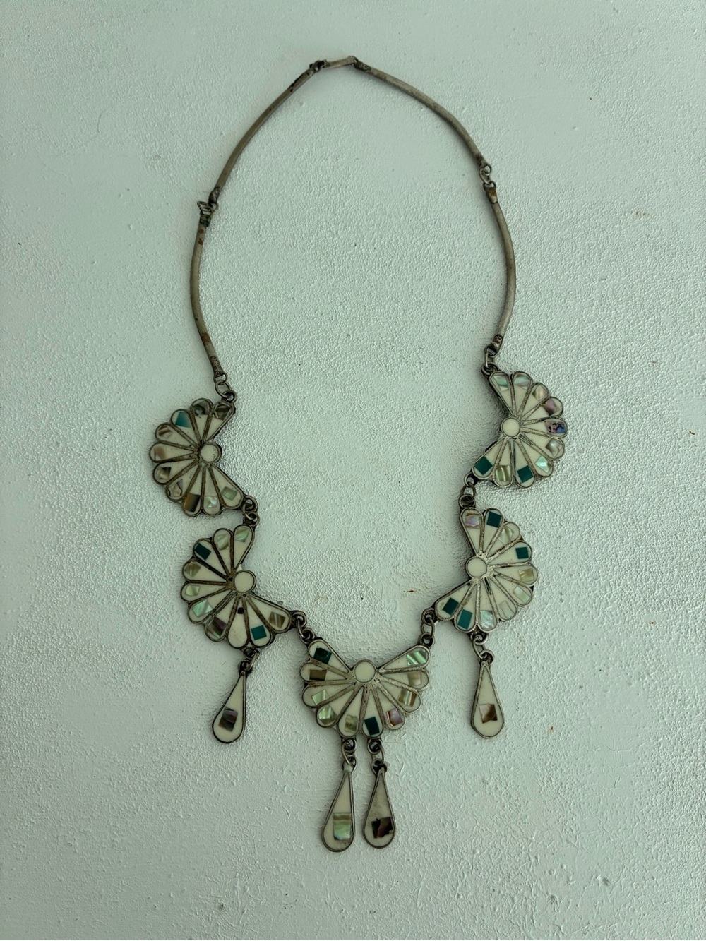 Multi Stone from Alpaca Mexico Silver, White, and Turquoise Fringe Bib Necklace